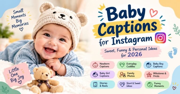 Cute baby with teddy bear hat and sweet, funny baby captions for Instagram in 2026.