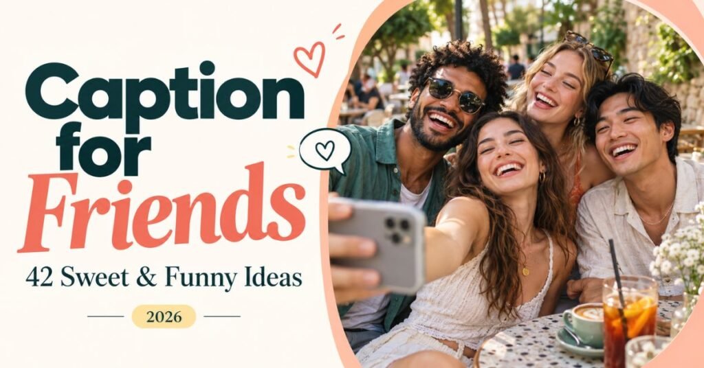 Four friends taking a café selfie beside the text “Caption for Friends: 42 Sweet & Funny Ideas.