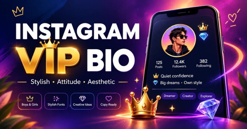 Instagram VIP bio ideas with stylish fonts, attitude bios, and creative profile designs for boys and girls.
